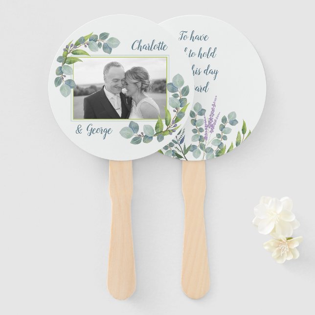 Éventail Ventilateur de Mariage Feuille d'Eucalyptus Photo  (Devant et derrière)