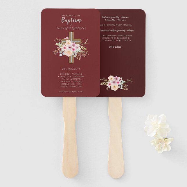 Éventail Ventilateur du programme de baptême - Croix floral (Devant et derrière)