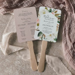 Éventail Ventilateur du programme de mariage blanc et blanc<br><div class="desc">Cet élégant ventilateur de programme de mariage magnolia blanc & blush est parfait pour un mariage moderne classe. La décoration florale douce est composée de pivoines roses vertes et aquarelles, de magnifiques fleurs de magnolia blanches avec de l'or et des feuilles verts dans un agencement luxueux. Indiquez le nom de...</div>