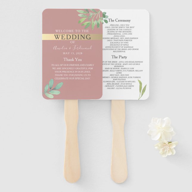 Éventail Ventilateur du programme de mariage Dusty Rose Gre (Devant et derrière)