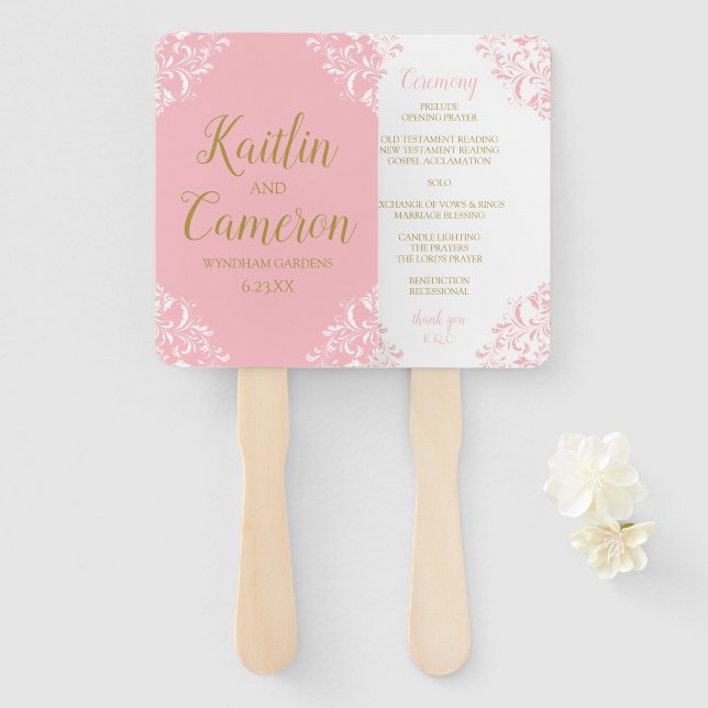Éventail Ventilateur du programme de mariage | Nadine (rose (Devant et derrière)