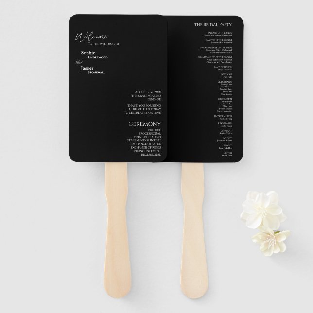 Éventail Ventilateur du programme de mariage noir classique (Devant et derrière)