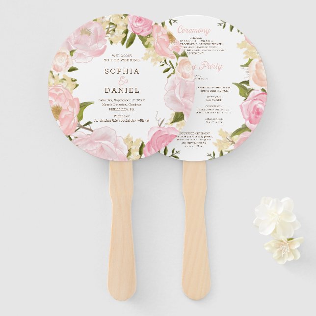 Éventail Ventilateur du programme de mariage rose floral ro (Devant et derrière)