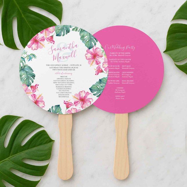 Éventail Ventilateur du programme de Mariage tropical (tropical beach wedding program fans pink hibiscus flowers and palm leaves watercolor art)