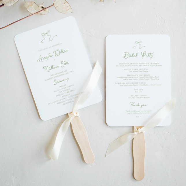 Éventail Ventilateur du programme de mariage vert Whimsical (sage green bow wedding program fan with bridal party hand written ceremony and hand drawn bow )
