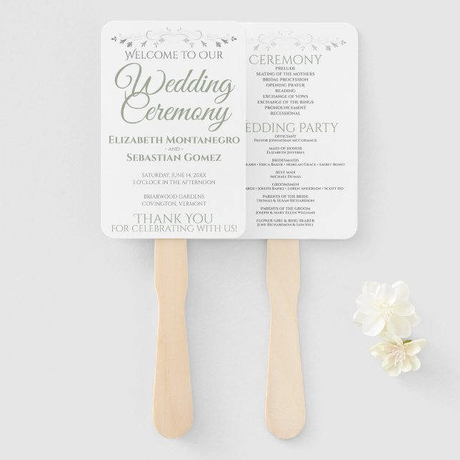 Éventail Ventilateurs de Mariage blanc élégant Sage Green a (Devant et derrière)