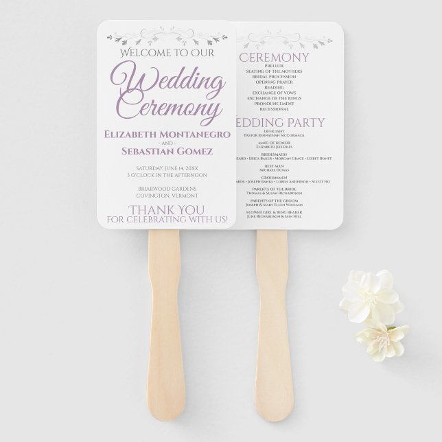 Éventail Ventilateurs de mariage élégants violet et gris av (Devant et derrière)