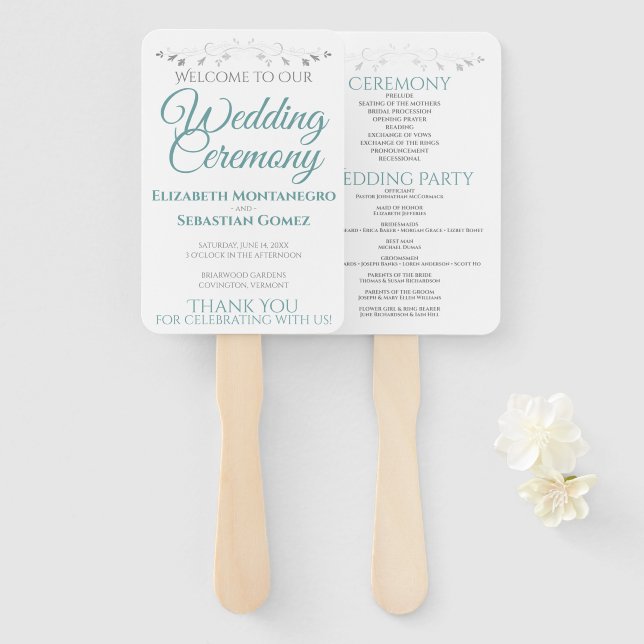 Éventail Ventilateurs de mariage turquoises et gris avec pr (Devant et derrière)