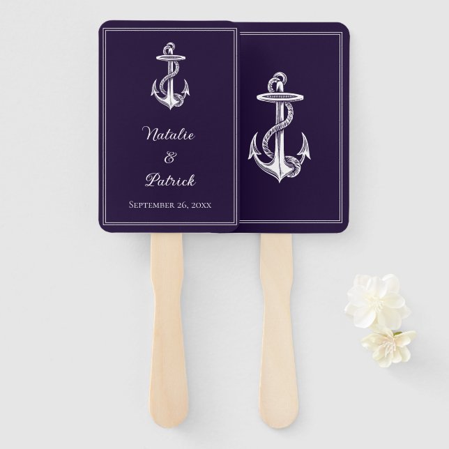 Éventail Ventilateurs main Mariage d'Ancre marine violet (Devant et derrière)