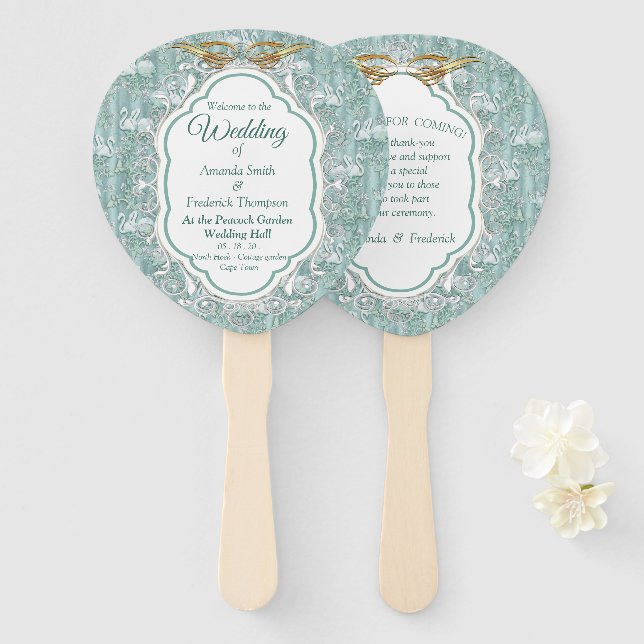 Éventail Verres de soie verte Sage & fleurs de flamants (Devant et derrière)