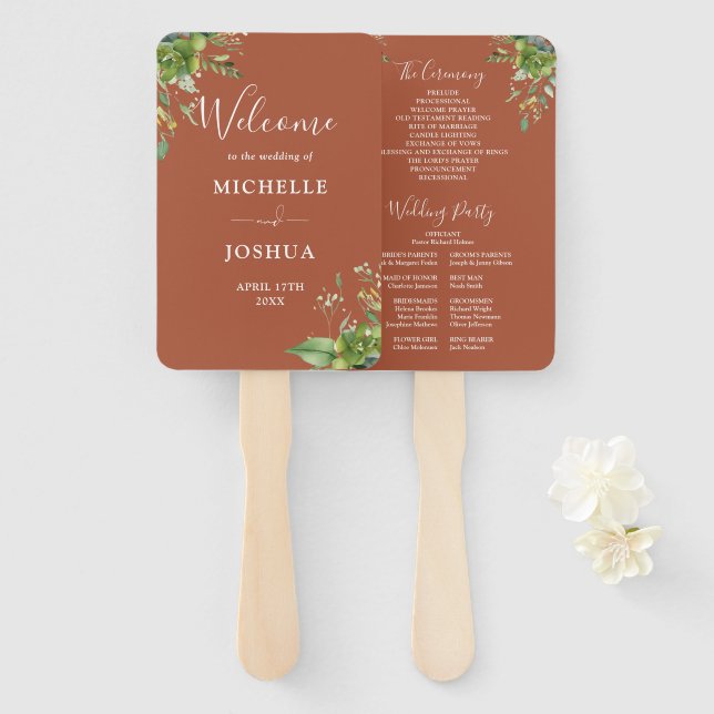 Éventail Vert Floral Élégant Programme de mariage en terre  (Devant et derrière)