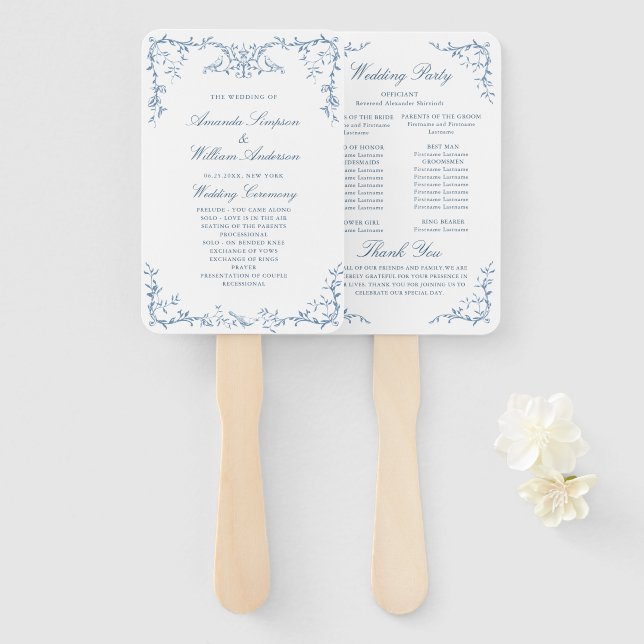 Éventail Victorian Ornate Blue Floral Wedding Programme (Devant et derrière)