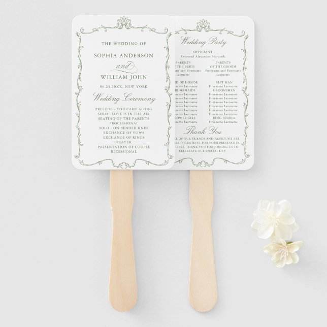 Éventail Victorian Sage Green Mariage Cerememing Programme (Devant et derrière)