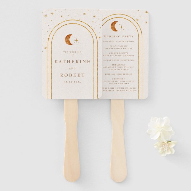 Éventail Vintage Céleste Lune Étoiles Programme de mariage (Devant et derrière)