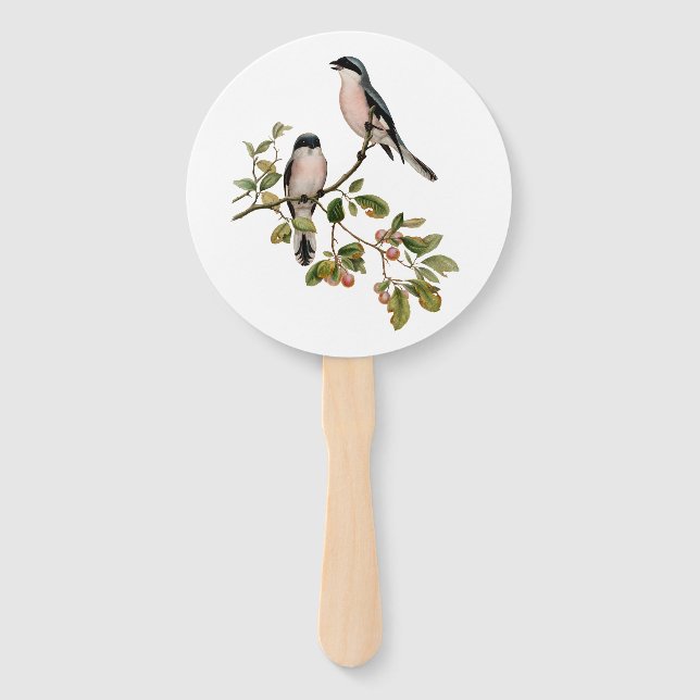 Éventail Vintage de beaux oiseaux sur une branche (Devant)