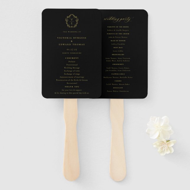 Éventail Vintage Gold Crest Black Wedding Programme (Devant et derrière)
