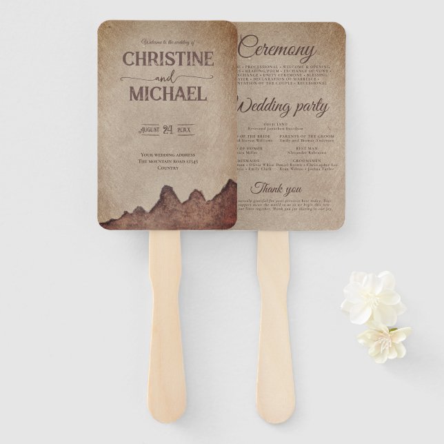 Éventail Vintage papier rustique brun montagnes mariage (Devant et derrière)