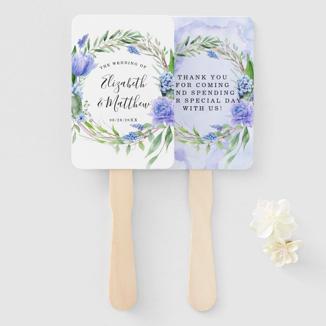 Éventail Violet Dusty Blue Tulip Hyacinth Peony Mariage (Devant et derrière)
