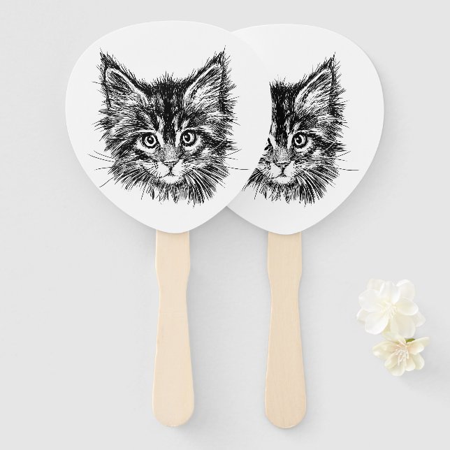 Éventail Visage de Kitten noir et blanc (Devant et derrière)