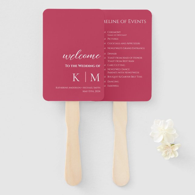 Éventail Viva Magenta-Modern - Programme Monogramme-Mariage (Devant et derrière)