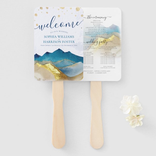 Éventail Watercolor Blue Gold Foil Mountain Wedding Program (Devant et derrière)