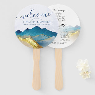 Éventail Watercolor Blue Gold Foil Mountain Wedding Program