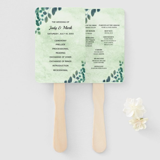 Éventail Watercolor Eucalyptus Programme de mariage Feuille (Devant et derrière)