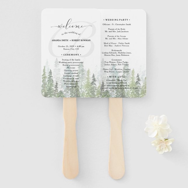 Éventail Watercolor Pine Woods Forest Wedding Programme (Devant et derrière)
