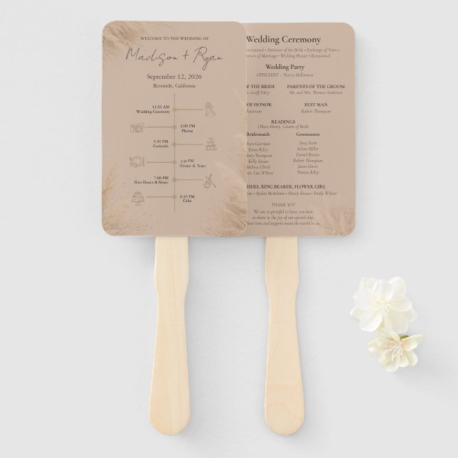 Éventail Whispering Pampas Wedding Program Fan (Devant et derrière)