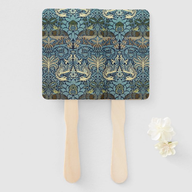Éventail William Morris Peacock and Dragon Woven Design (Devant et derrière)