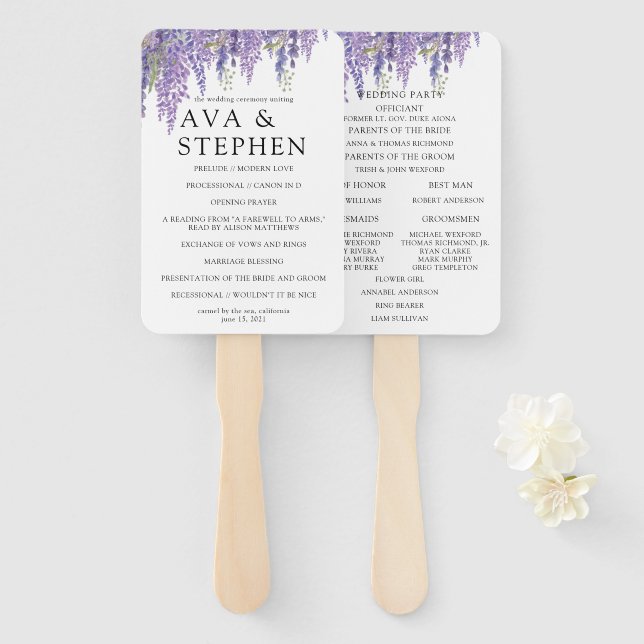 Éventail Wisteria arbre violet programme de mariage minimal (Devant et derrière)