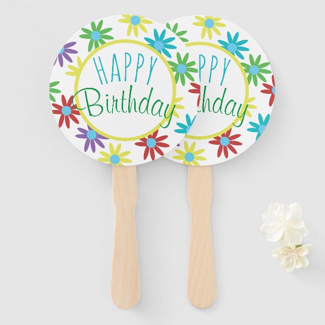 Éventails à main Fleuris Joyeux Anniversaire (Devant et derrière)