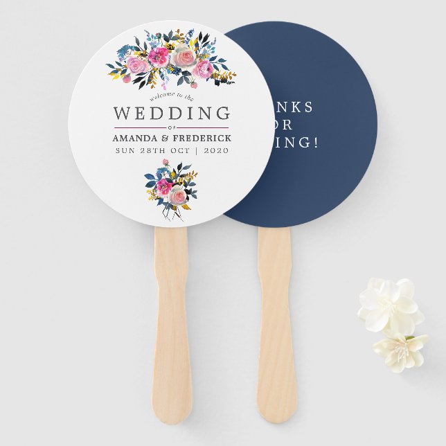 Éventails de mariage floraux à l'aquarelle aux cou (Devant et derrière)