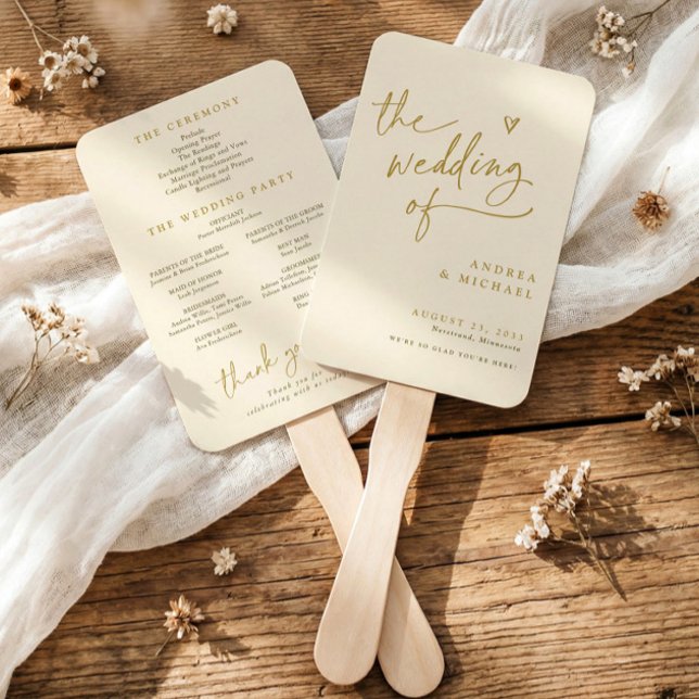 Éventails de programme de mariage amusants crème e (Gold and ivory wedding program fan in modern handwriting with heart.)