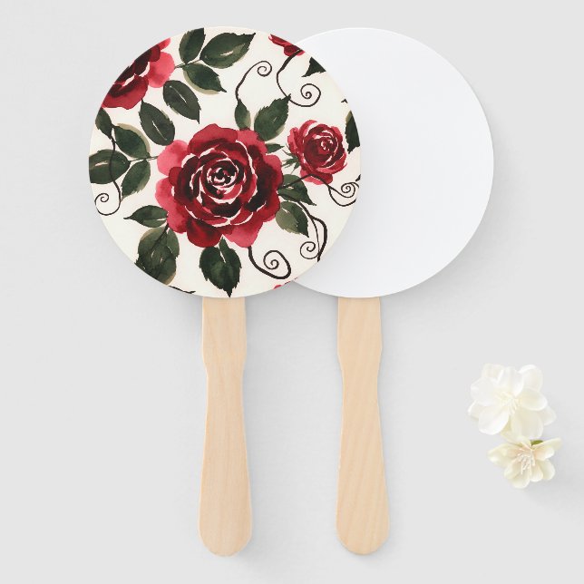 Éventails Fleuris aux Roses Rouge Foncé (Devant et derrière)