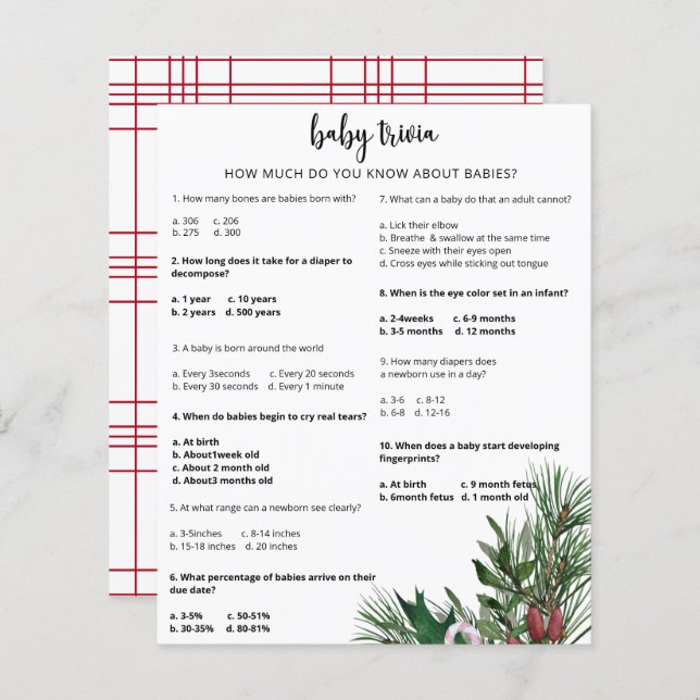 Evergreen Snow Baby Quiz | Jeu de Baby Shower (Devant / Derrière)
