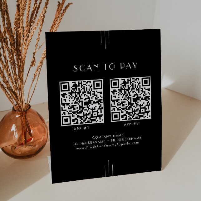 EVERLY Art Déco Panneau d'affaires Noir 2 Apps Sca (EVERLY Art Deco Black Business 2 Apps Scan To Pay Pedestal Sign)