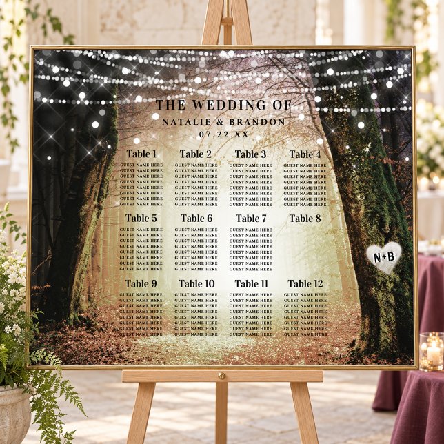 Evermore | Tableau de placement des tables de la F (Amber Evermore enchanted woodland wedding seating chart, styled for a coordinated wedding. Decorative props are not included.)