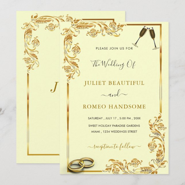 Exemple de carton d'invitation de mariage encadré  (Devant / Derrière)