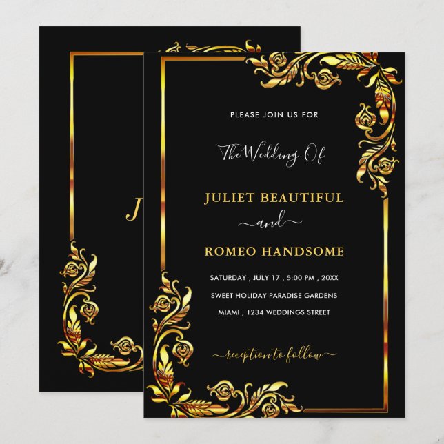 Exemple de faire-part de mariage en noir et or (Devant / Derrière)
