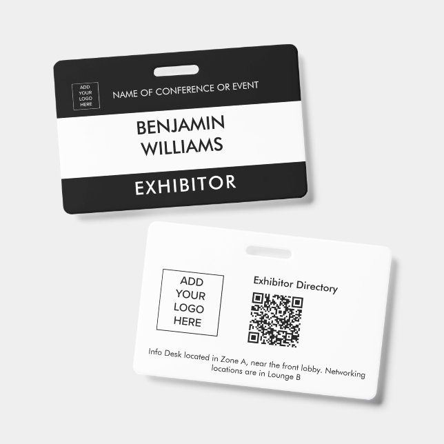 Exhibitor Name Badge QR Black White Custom Logo ID (Avant & arrière)