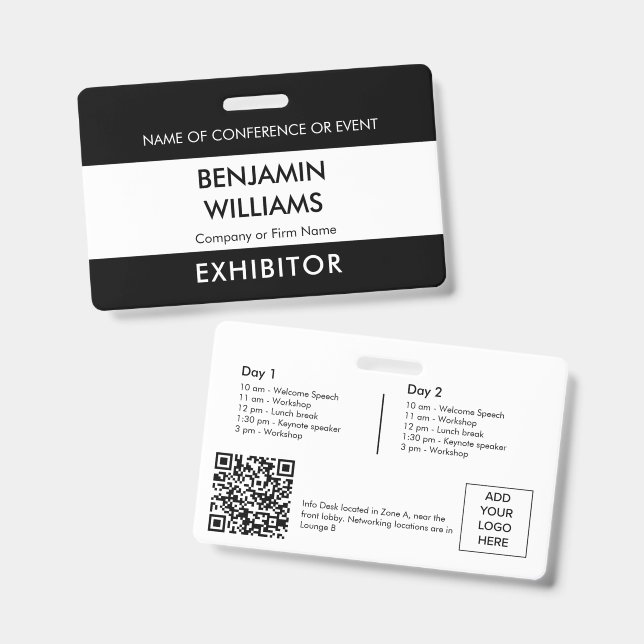 Exhibitor Name Badge QR Black White Logo ID Event (Avant & arrière)