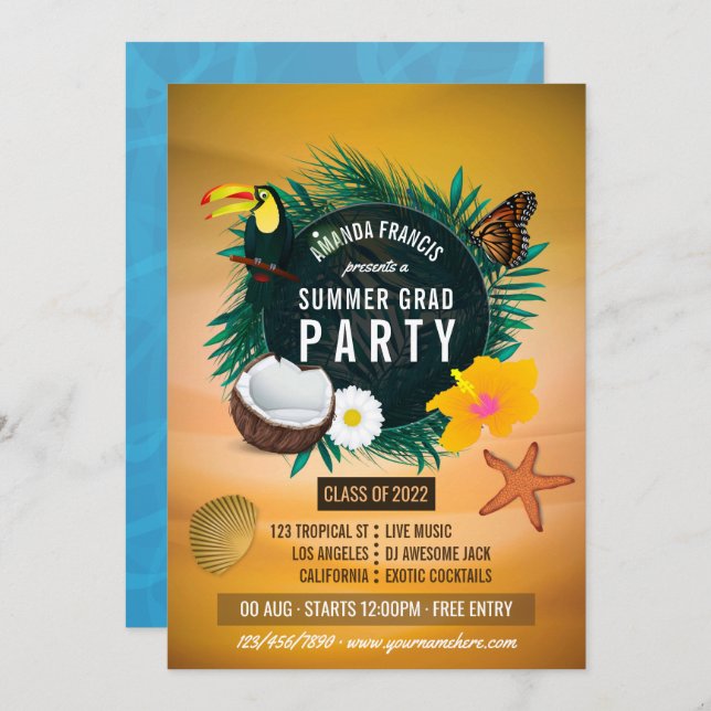 Exotic Tropical Beach Graduation Party Invitation (Devant / Derrière)