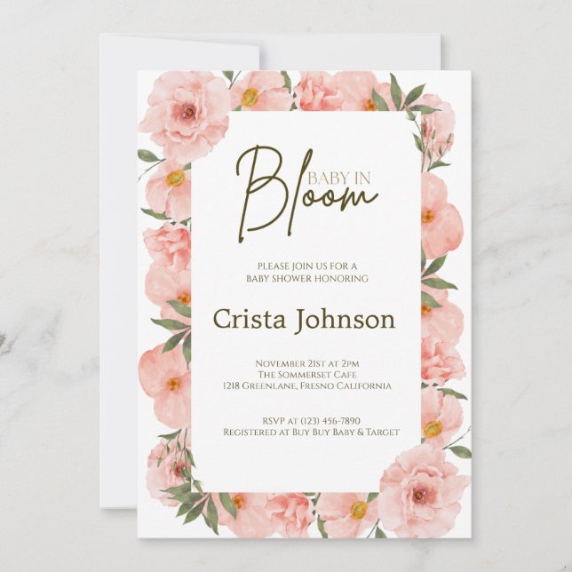 Exquise Pêche Florale Baby shower Invitation (Devant)