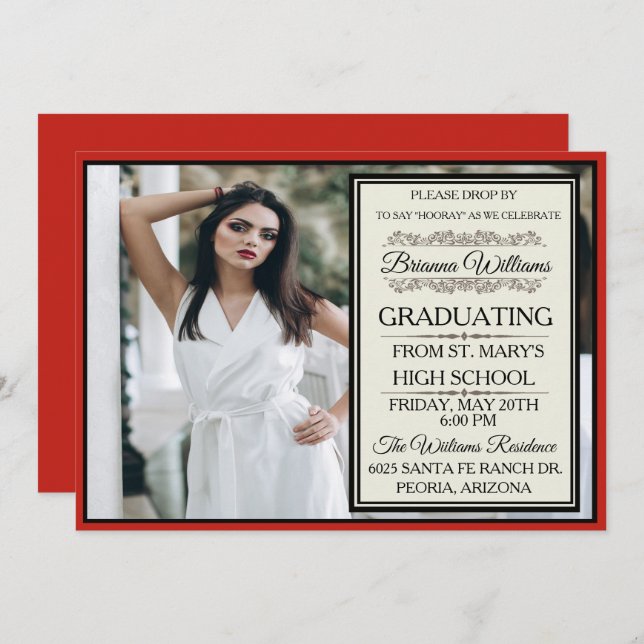 Exquise Red Graduation Invitation (Devant / Derrière)