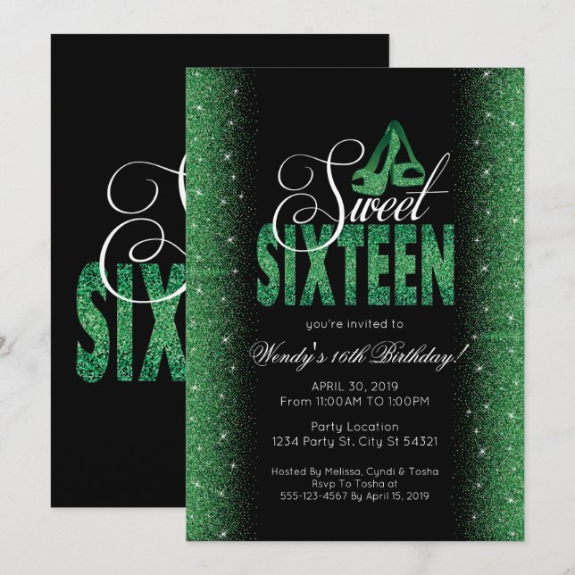Extravagant Emerald Sweet 16 Invitations (Devant / Derrière)