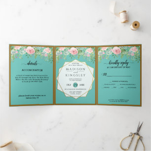 Fab Rose Floral Turquoise Mariage triple Invitatio