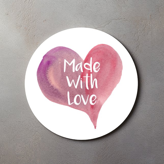 Fabriqué avec amour, autocollant cœur (Stylish watercolor pink heart "Made with love" fun text sticker)