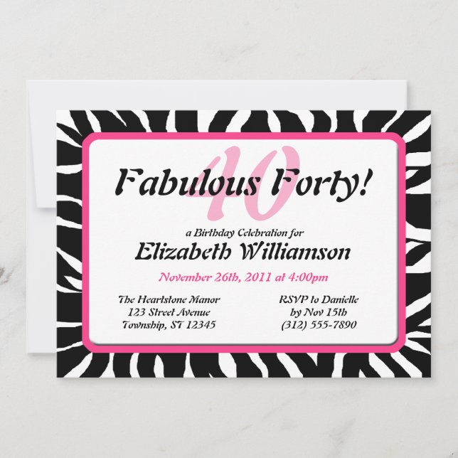 Fabuleux 40 Invitations d'anniversaire Zebra Print (Devant)