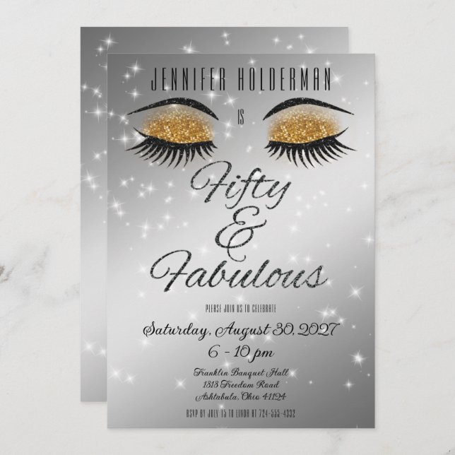 Fabuleux 50 Black Gold Glam Eyes Invitation (Devant / Derrière)